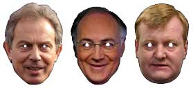 Masken von Tony Blair, Michael Howard und Charles Kennedy