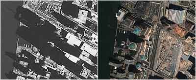 Satellitenbilder von Lower Manhattan (links MSN mit, rechts Google ohne World Trade Center)
