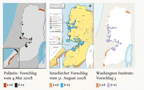 Karte dreier Vorschläge für palästinensisch-israelische Landtäusche